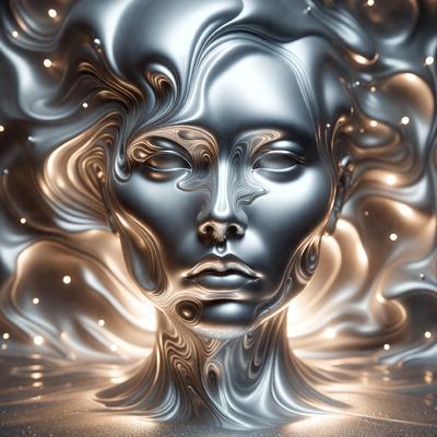 The primary subject of the image is a close-up of a woman's face, which is made of metal. The setting is a room with a silver background, and the visual style is a combination of photo and digital art. The colors in the image are predominantly silver, giving it a futuristic and sleek appearance. The overall mood of the image is elegant and sophisticated.